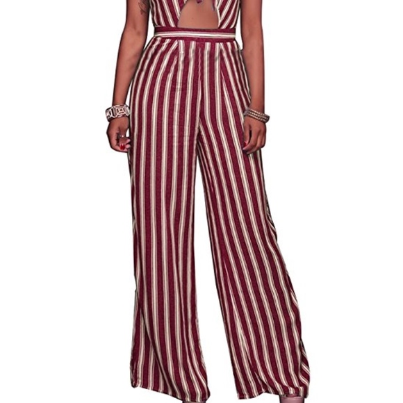 ❇️3/$30❇️ NWOT Red & White Stripe High Waist Wide Leg Jumpsuit Romper. - Picture 3 of 5